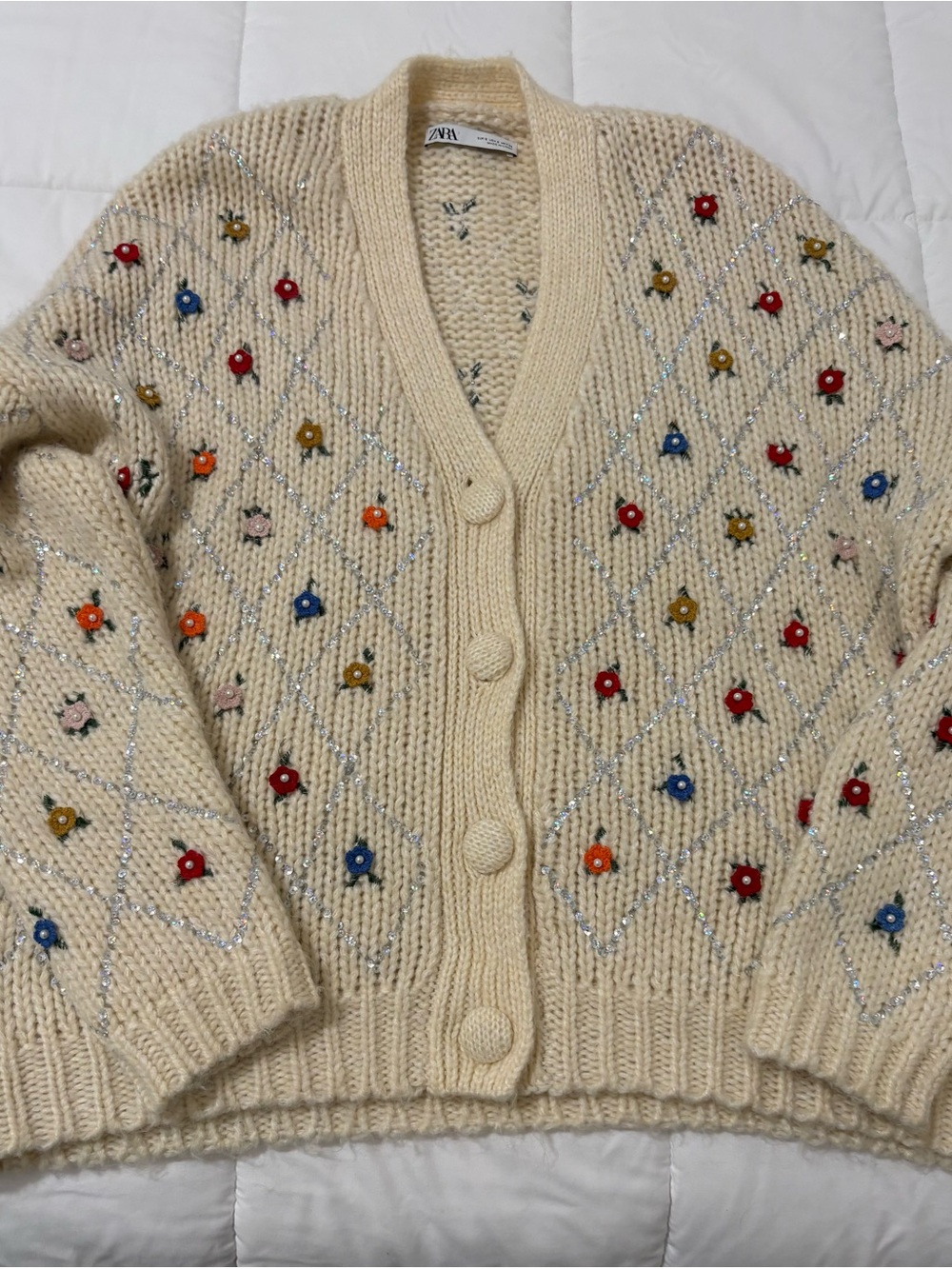 ZARA limited edition Cardigan with Multicolor Floral Embroidery and Sparkles- - Picture 1 of 5